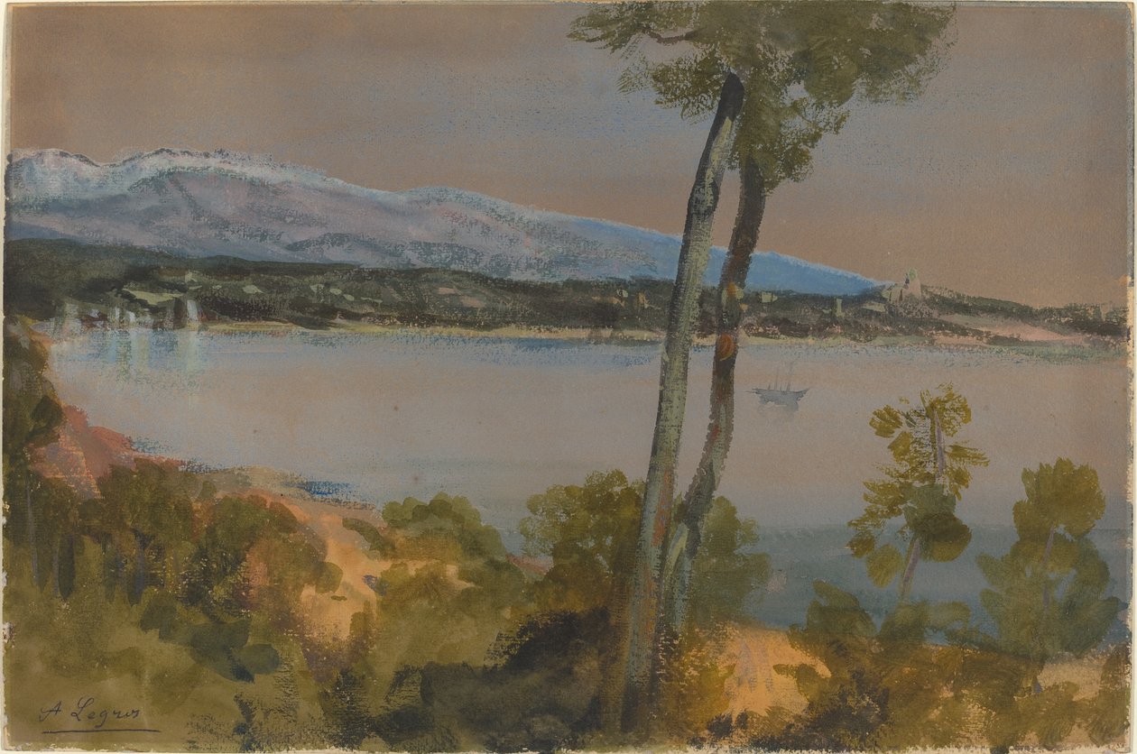 Bjerge set ud over en sø af Alphonse Legros