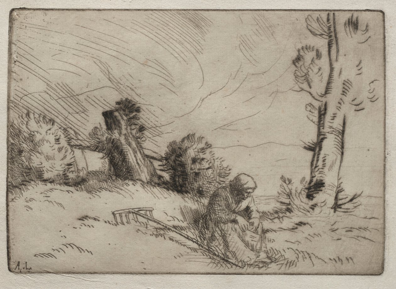 Bondekvinde siddende nær en hæk. af Alphonse Legros