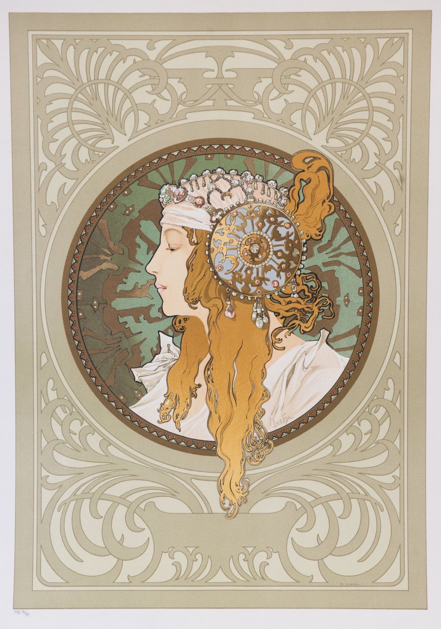 Byzantinske hoveder: Blond, 1897. af Alphonse Mucha