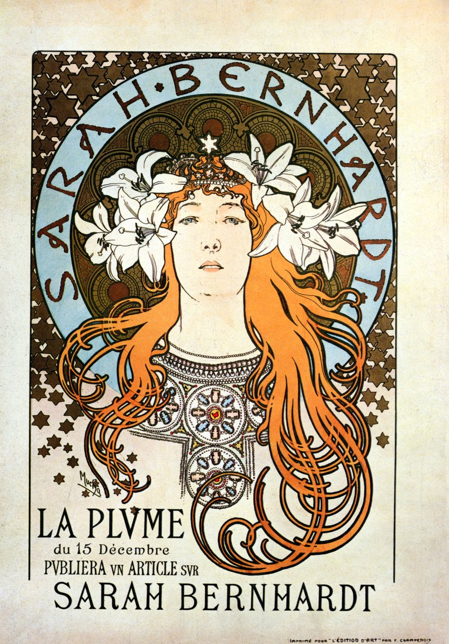 Sarah Bernhardt, La Plume, 15. december 1896 af Alphonse Mucha