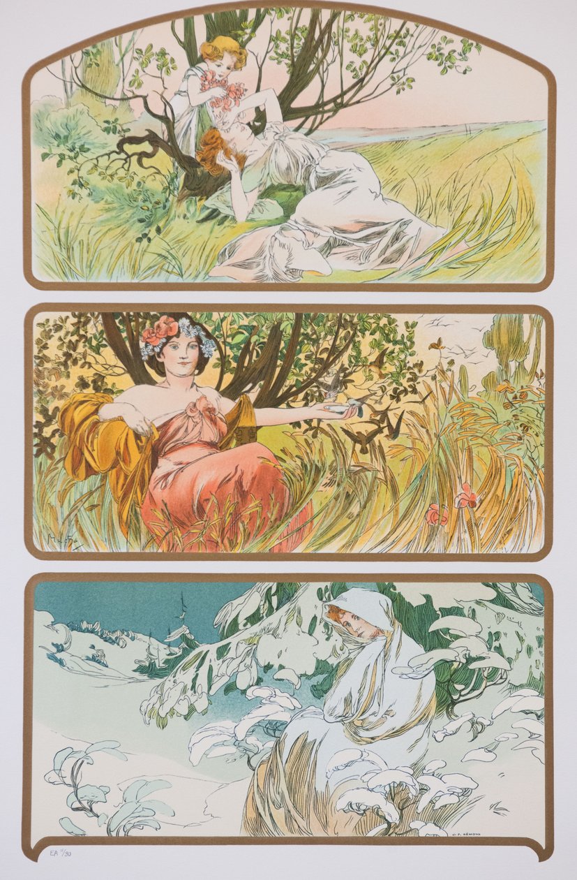 Tre årstider, ca. 1898. af Alphonse Mucha