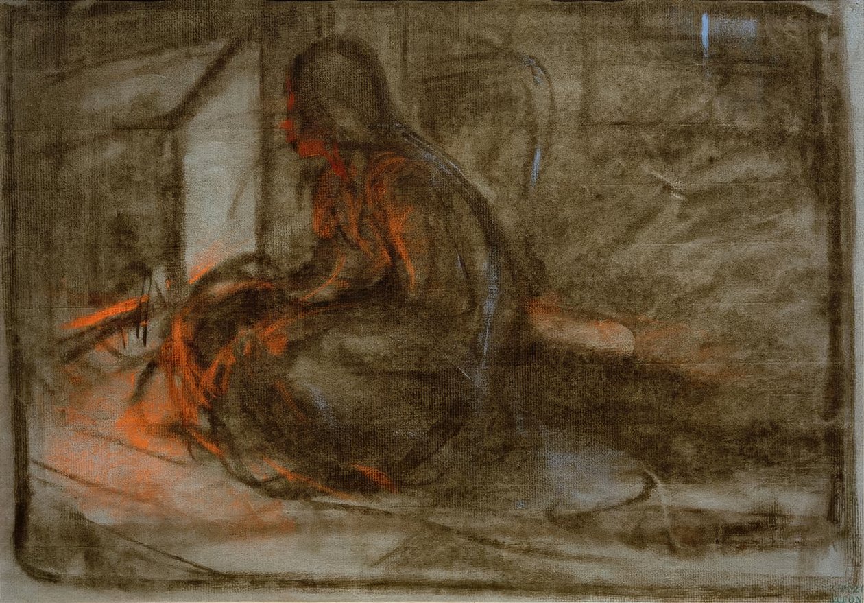 Kvinde sidder foran bålet af Alphonse Mucha