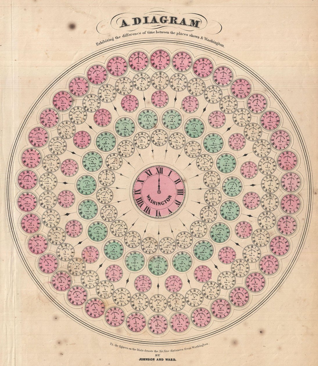 Et diagram, der viser tidsforskellen mellem de viste steder og Washington af Alvin Jewett Johnson
