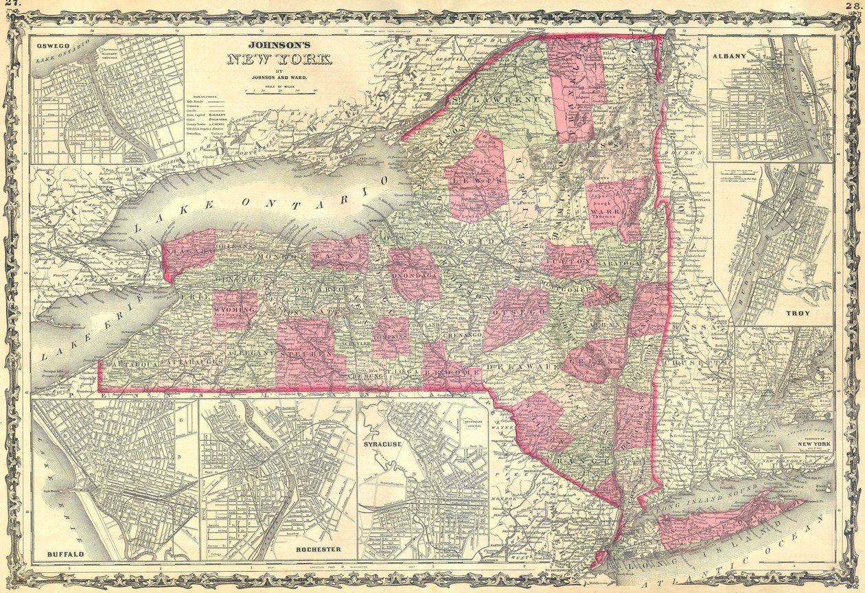 Johnsons kort over staten New York. af Alvin Jewett Johnson