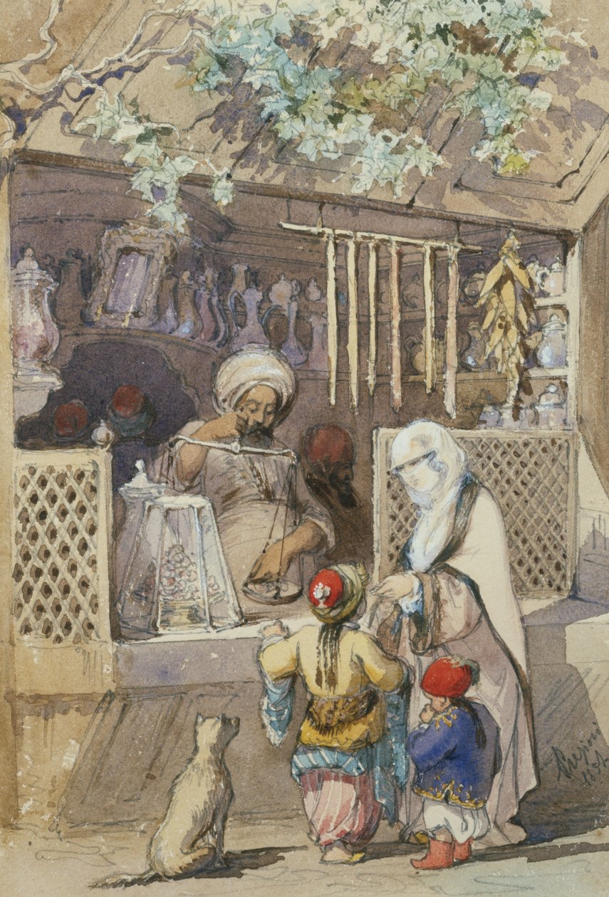 Tyrkiske figurer ved en sødekødsbod, 1851 (blyant og wc) af Amadeo Preziosi