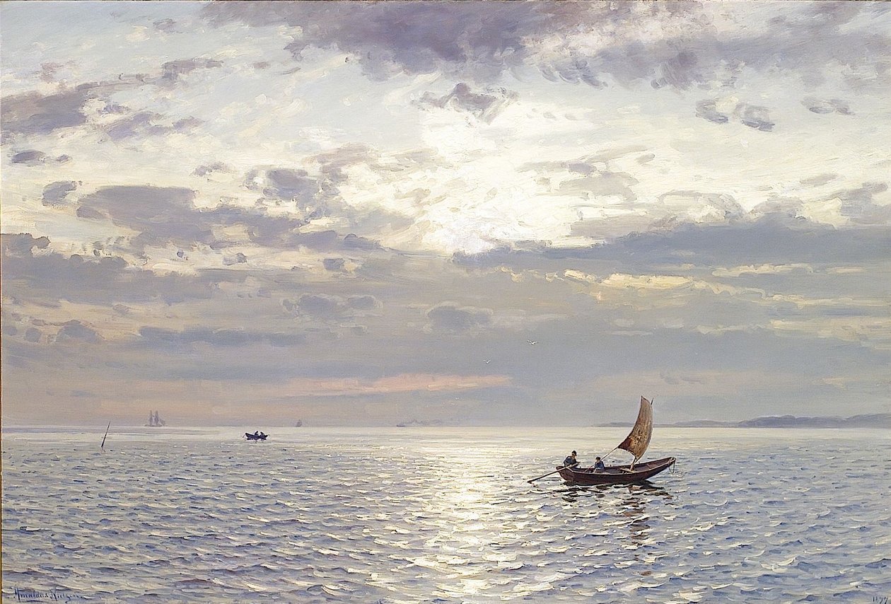 Aftenstemning over havet  Fra fjorden?Evening seascape af Amaldus Nielsen