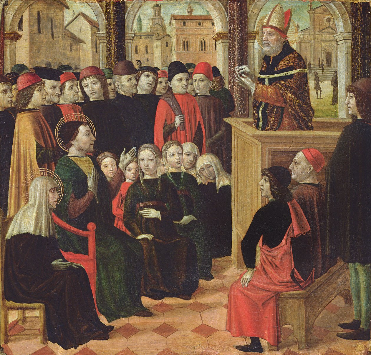 The Preaching of St. Ambroise (tempera på panel) af Ambrogio Bergognone