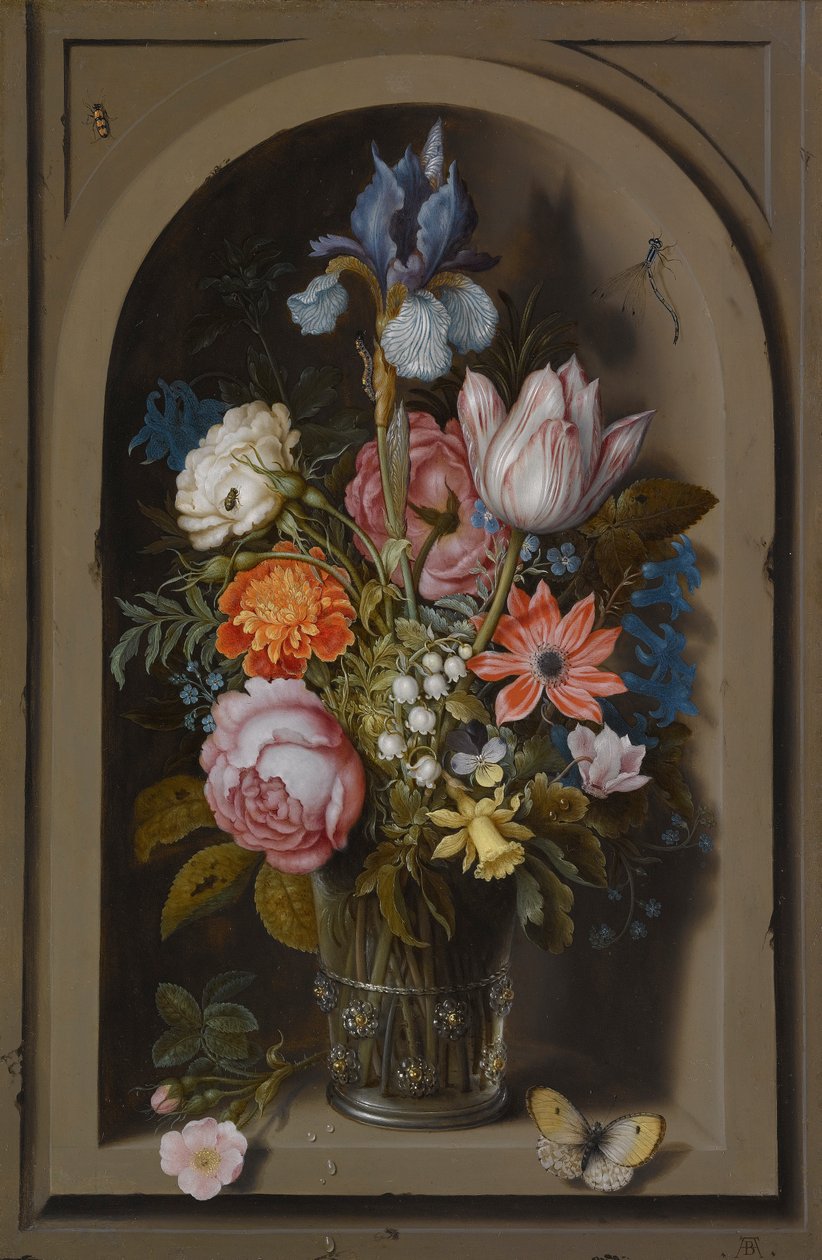 Et stilleben af blomster i et glasbæger i en marmorniche af Ambrosius the Elder Bosschaert