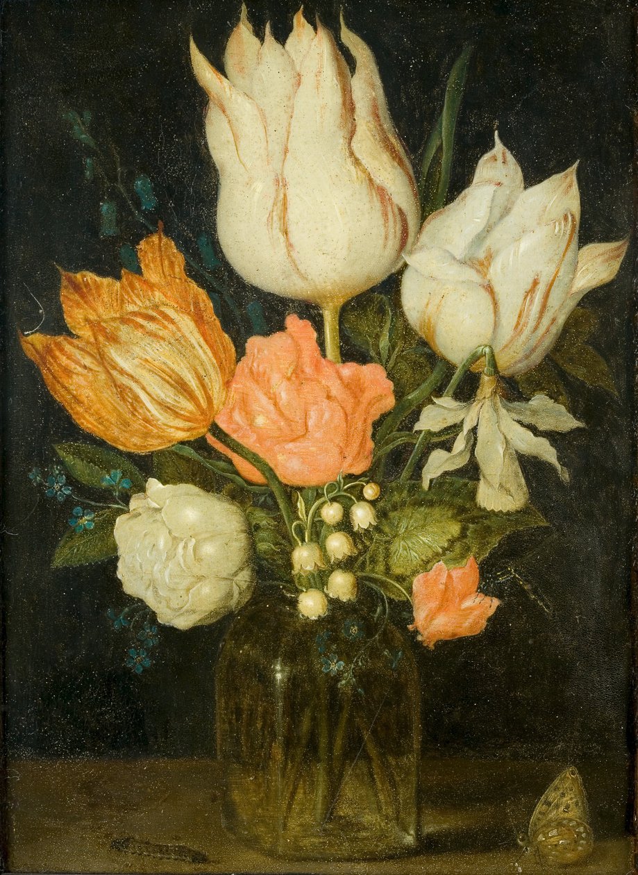 Blomster i en firkantet glasvase af Ambrosius the Elder Bosschaert
