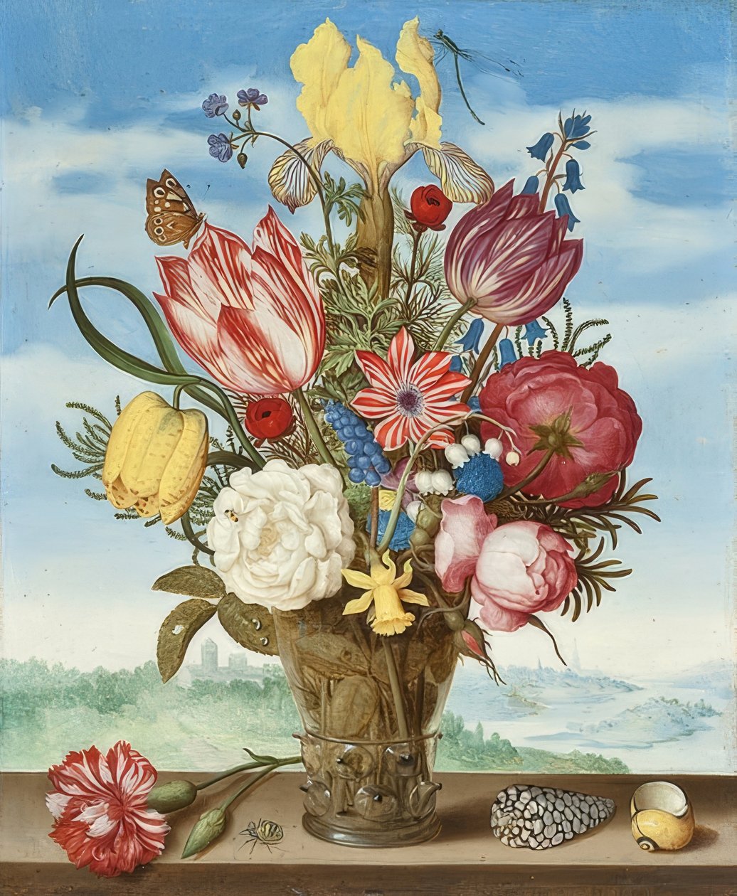 Buket blomster på en afsats. 1619 af Ambrosius the Elder Bosschaert