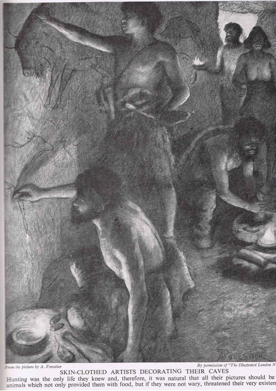 Hudklædte kunstnere dekorerer deres huler, illustration fra 
