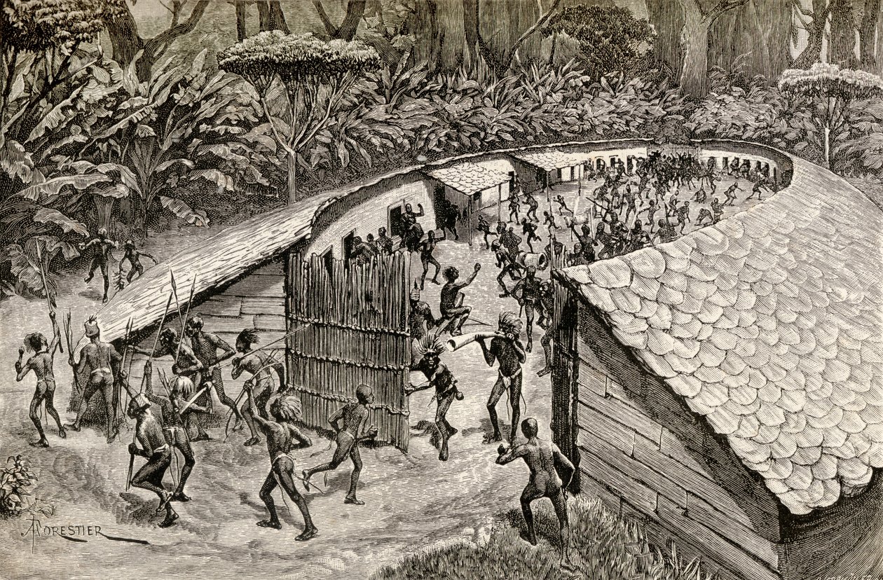 De indfødte i Iyugu forbereder sig på krig, 1890 (trægravering) af Amedee Forestier