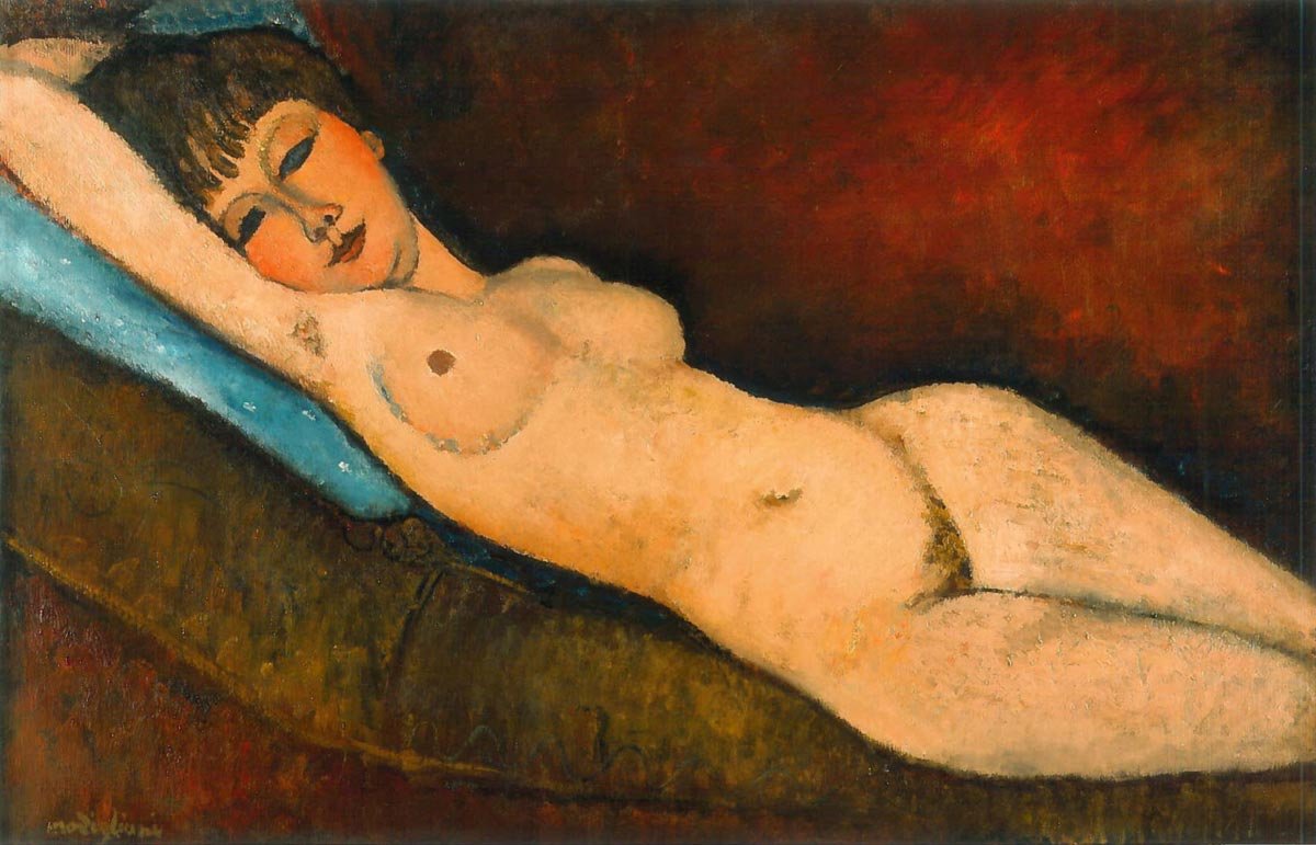 Naked ble med pude blå af Amedeo Modigliani