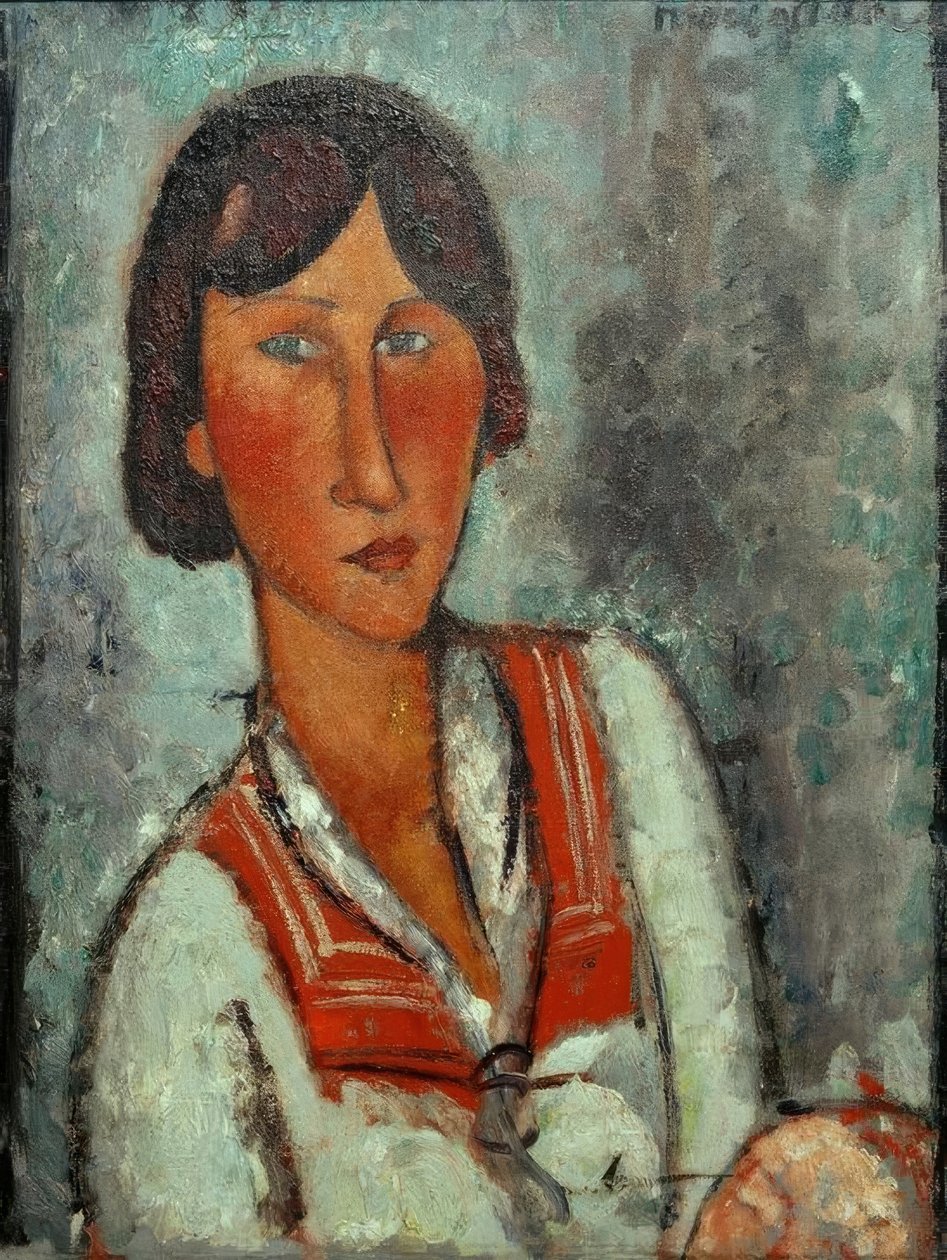 Halvlangt portræt af en ung kvinde med en sømandskrage af Amedeo Modigliani