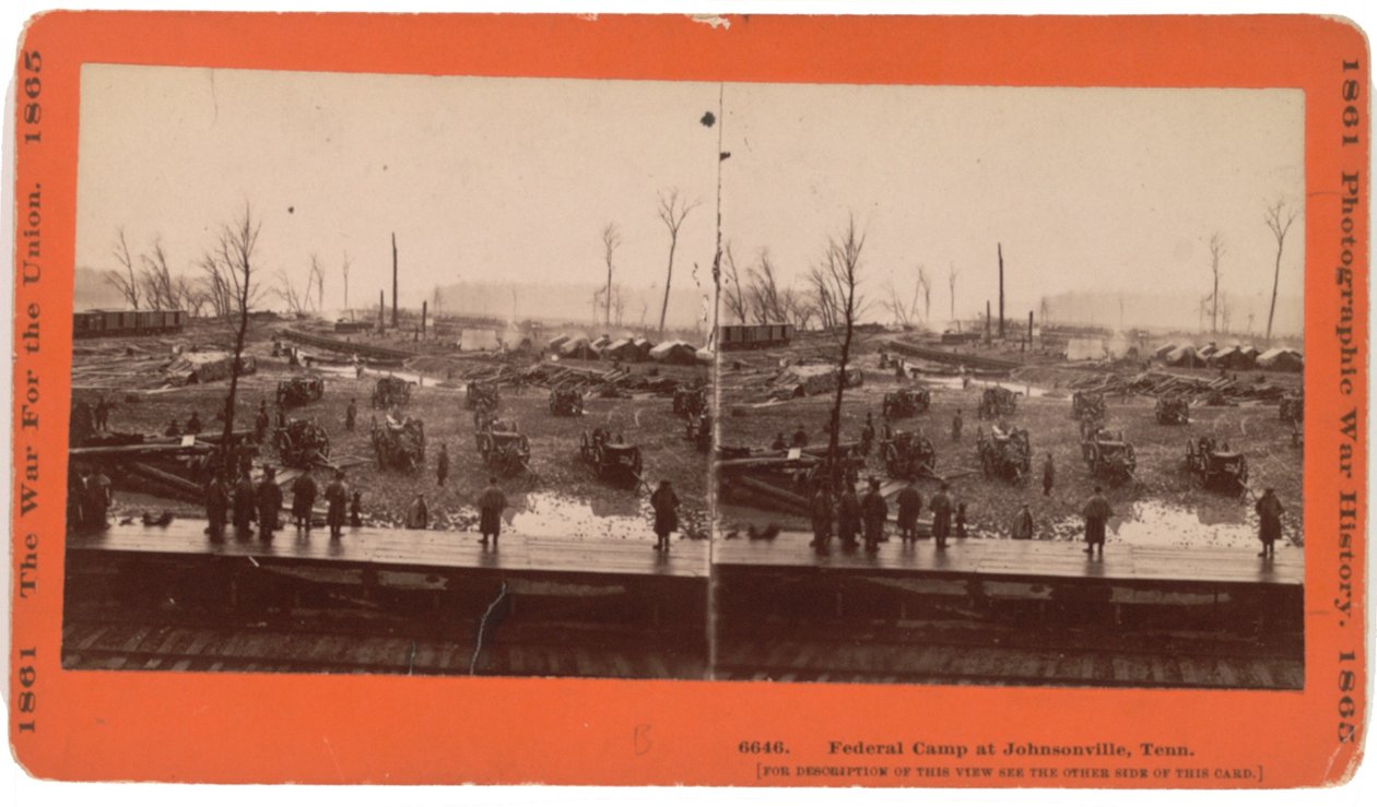 Stereokortudsigt over Johnsonville, TN før evakuering, da den blev truet af Forrest, december 1864, udgivet af Taylor und Huntington, Hatford, Conn, ca. 1880 (sepiafoto) af American Photographer