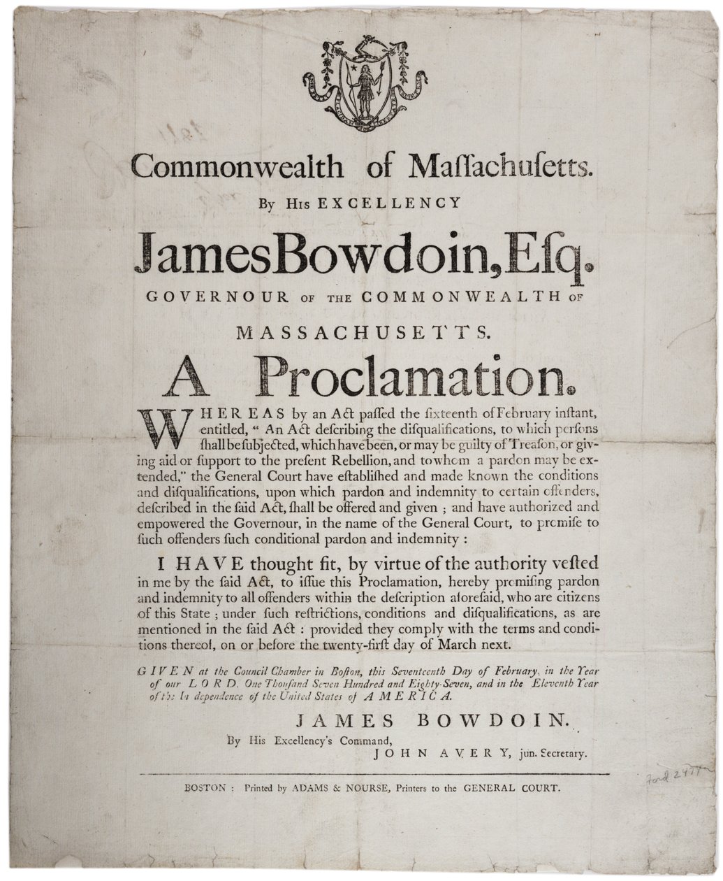 En proklamation: amnestitilbud til Shayss-oprørere, 17. februar 1787 af American School