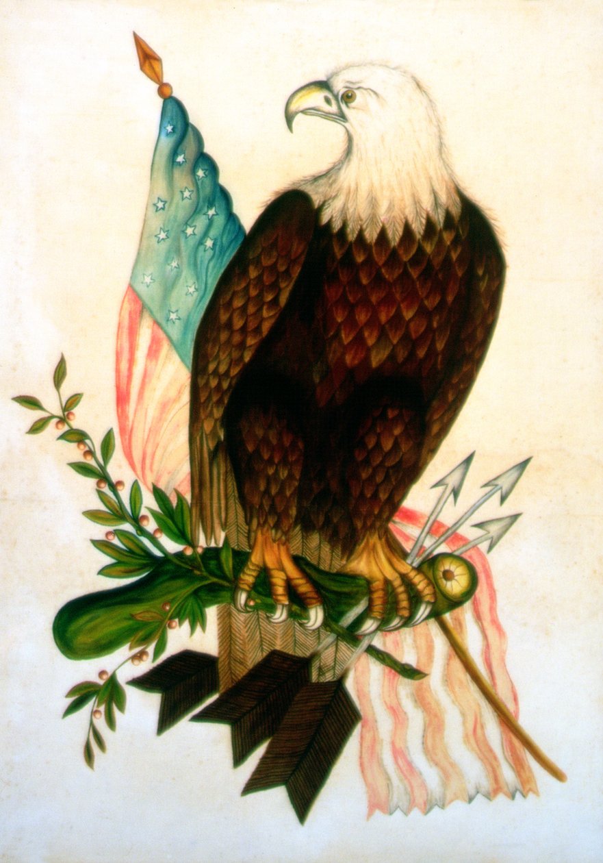 Skaldet ørn med flag (tempera på fløjl) af American School