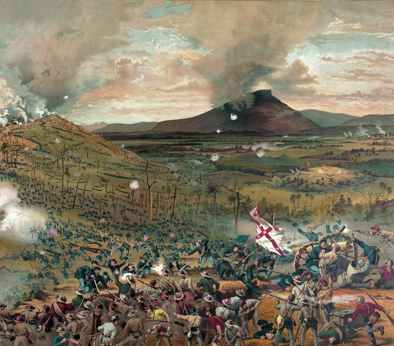 Battle of Mission Ridge, 25. november 1863 - præsenteret med komplimenter fra McCormick Harvesting Machine Company, pub. 1886 (farvelitografi) af American School