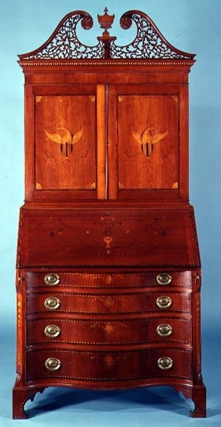 Skrivebord og bogreol, kirsebærtræ indlagt med mahogni og lyse og mørke træsorter, Connecticut eller Rhode Island, 1790-1810 (kirsebærtræ indlagt med mahogni) af American School