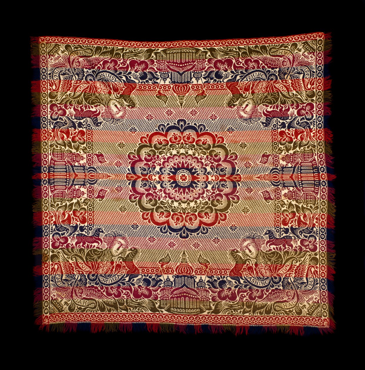 Double-Weave Coverlet, produceret af Lancaster Carpet, Coverlet, Quilt and Yarn Manufacturing, 1869 (bomuld og uld) af American School