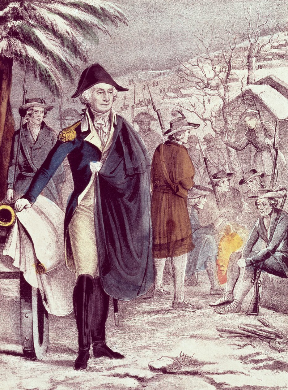 George Washington ved Valley Forge, december 1777, indgraveret af Nathaniel Currier (1813-88) af American School