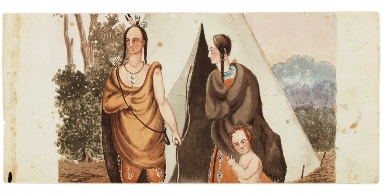 Indisk familie, der sidder uden for en tipi, ca. 1849 af American School