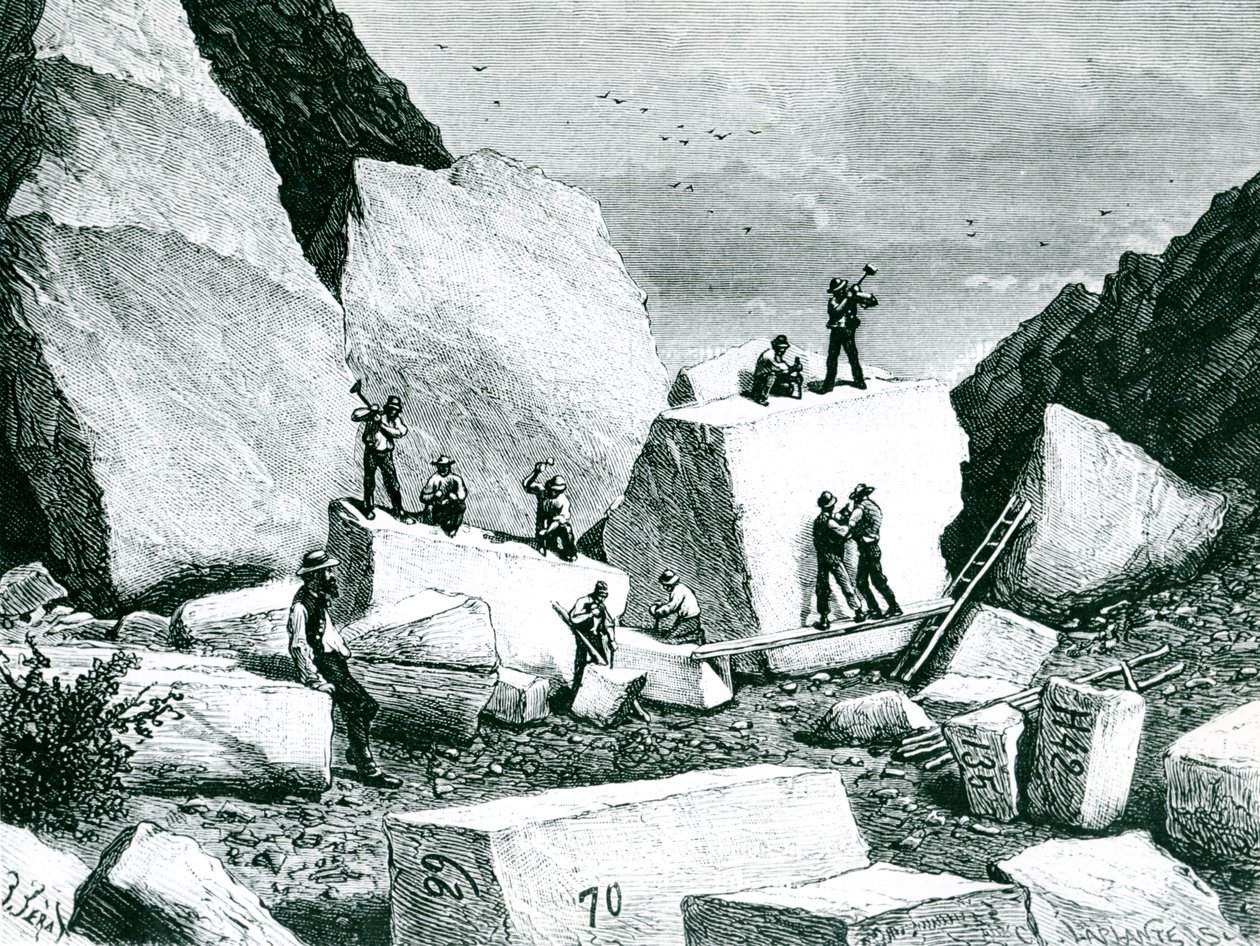 Mormoner, der bryder granit til Tabernaklet, tegnet af J. Ferat og indgraveret af C. Laplante af American School