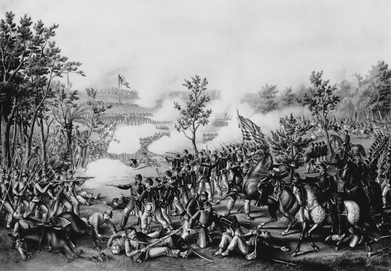 General James B. Mcphersons død i slaget ved Atlanta, 22. juli 1864, pub. af Kurz und Allison, Chicago, 1888 af American School
