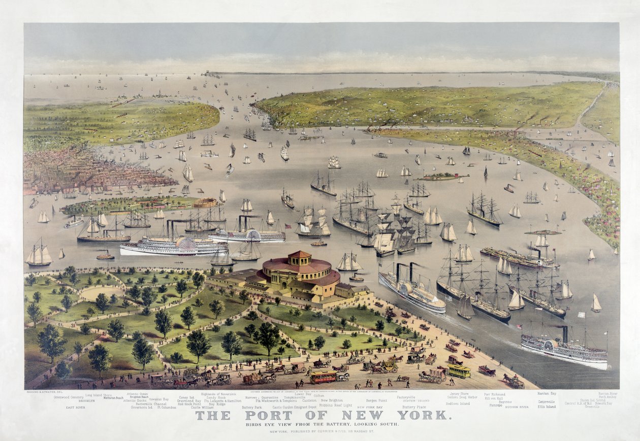 The Port of New York: Birds Eye View from the Battery, ser mod syd, pub. 1878 (farvelitografi) af American School