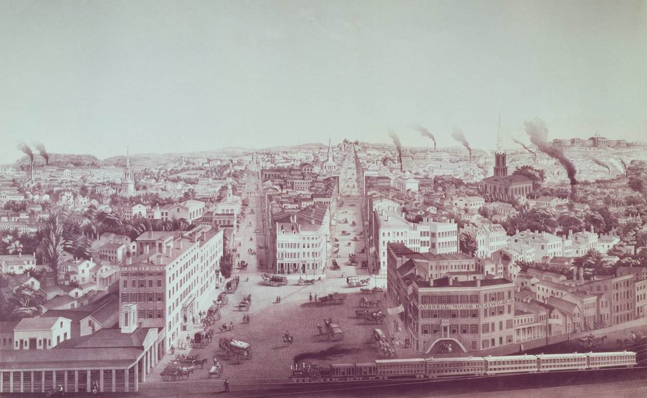Udsigt over Utica City, New York State, indgraveret af D.W. Moody, pub. af F. Michelin, ca. 1850 af American School