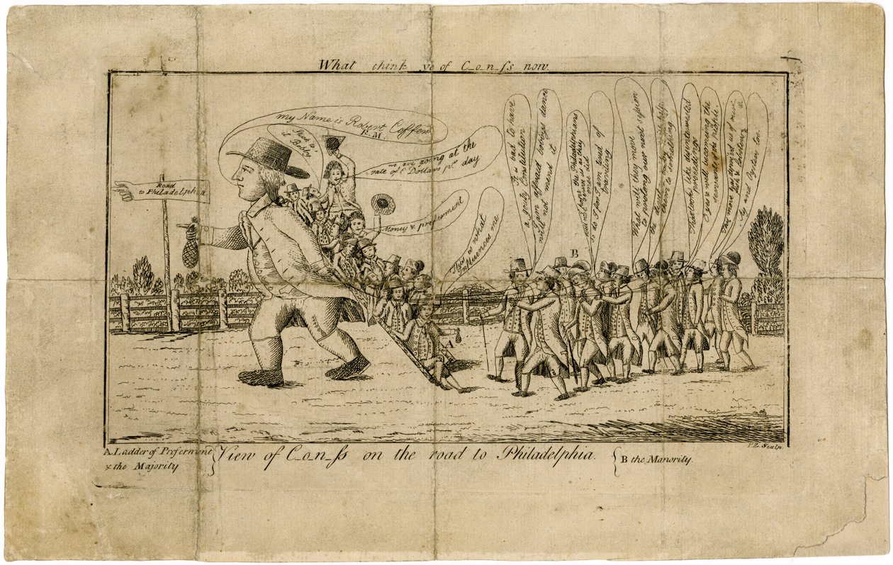 Hvad synes du om Kongressen nu? Udsigt over Kongressen på vejen til Philadelphia A. Ladder of Preferment & Majority--B. herregården, 1790 af American School