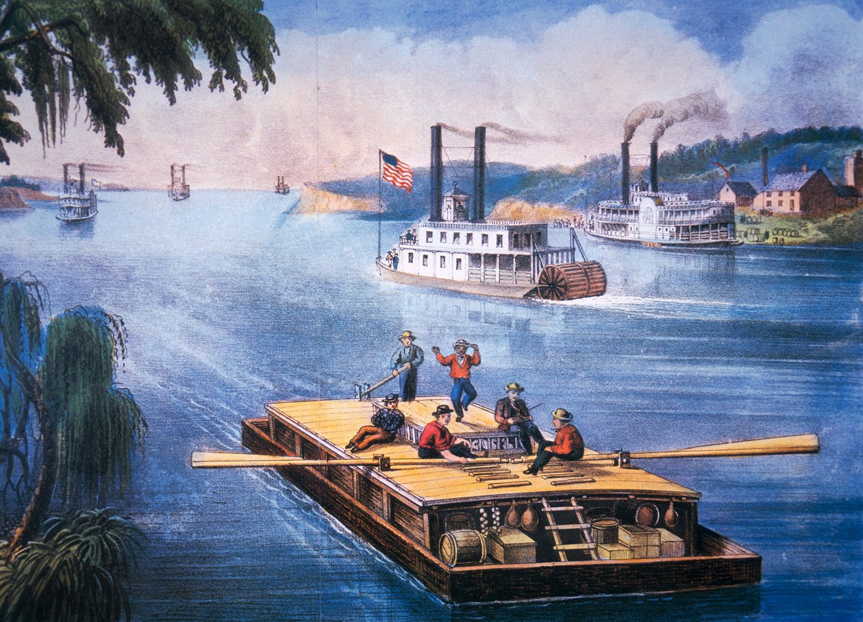 På Mississippi, ca. 1866 (farve litho) af American School