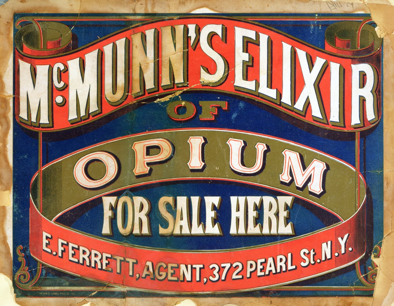 Plakat, der reklamerer for McMunns Elixir of Opium af American School