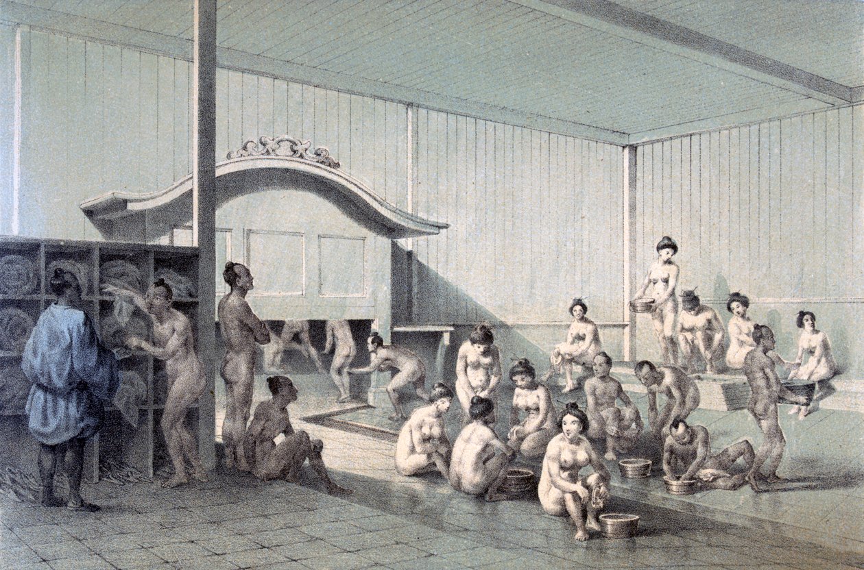 Offentligt bad i Simoda, 1856 (farvet akvatint) af American School