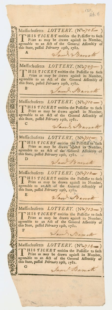 Sheet of Lottery Tickets, Massachusetts Lottery, 1781 af American School