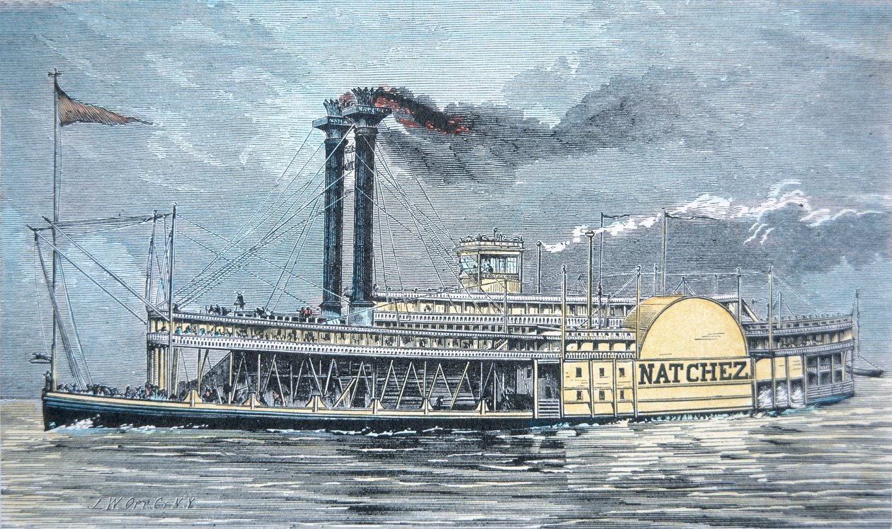 Mississippi-sidehjulstrækkeren "Natchez", ca. 1870 (farvestik) af American School
