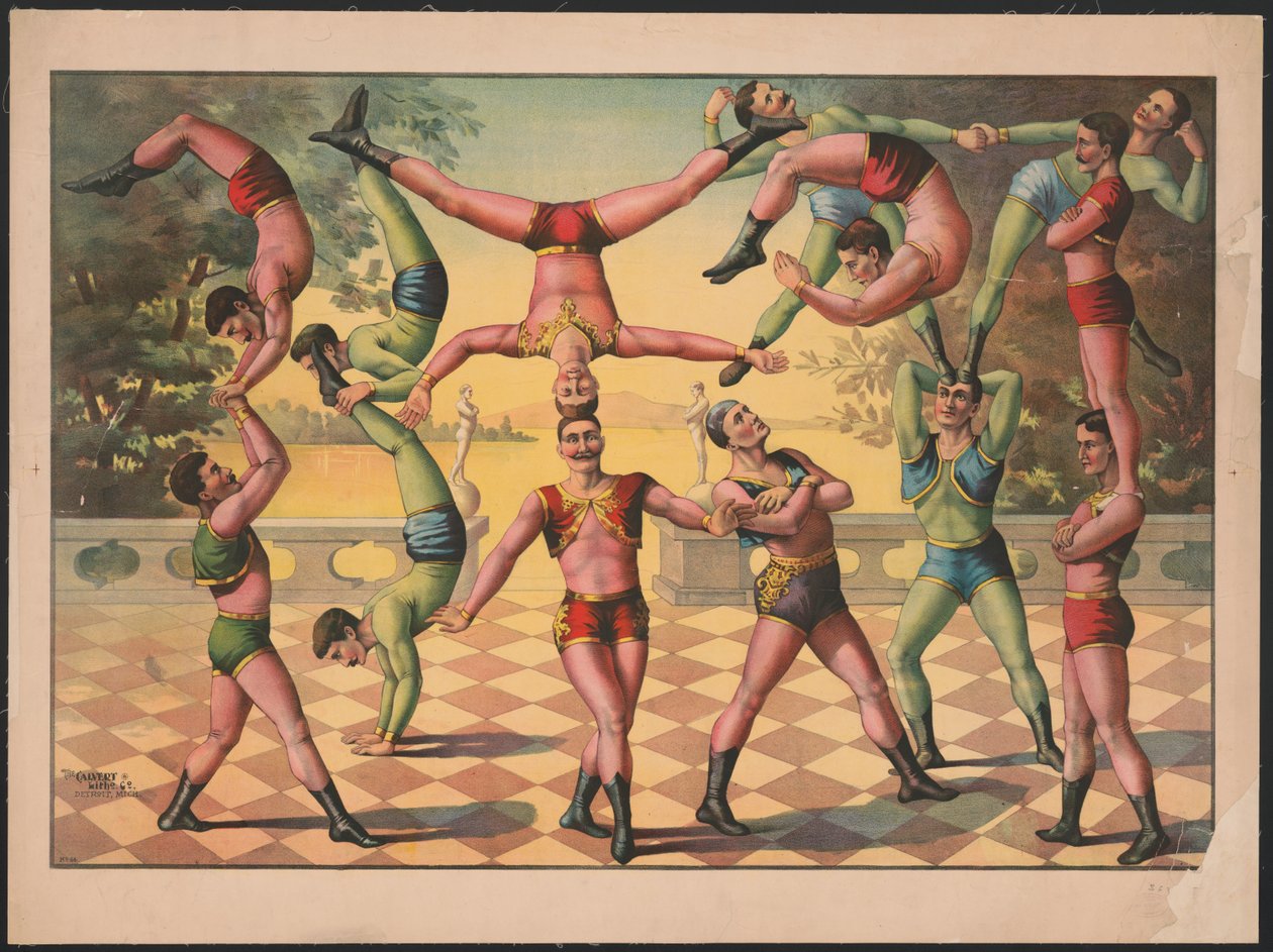 Thirteen Men Doing Acrobatics, ca. 1891 (farvelitografi) af American School