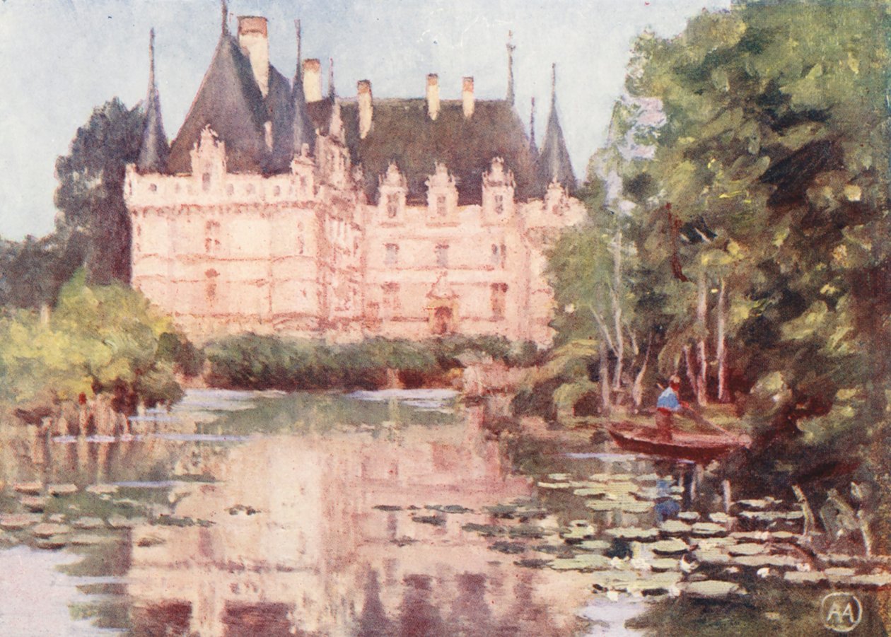 Azay-le-Rideau (farvelitografi) af Amy B. Atkinson