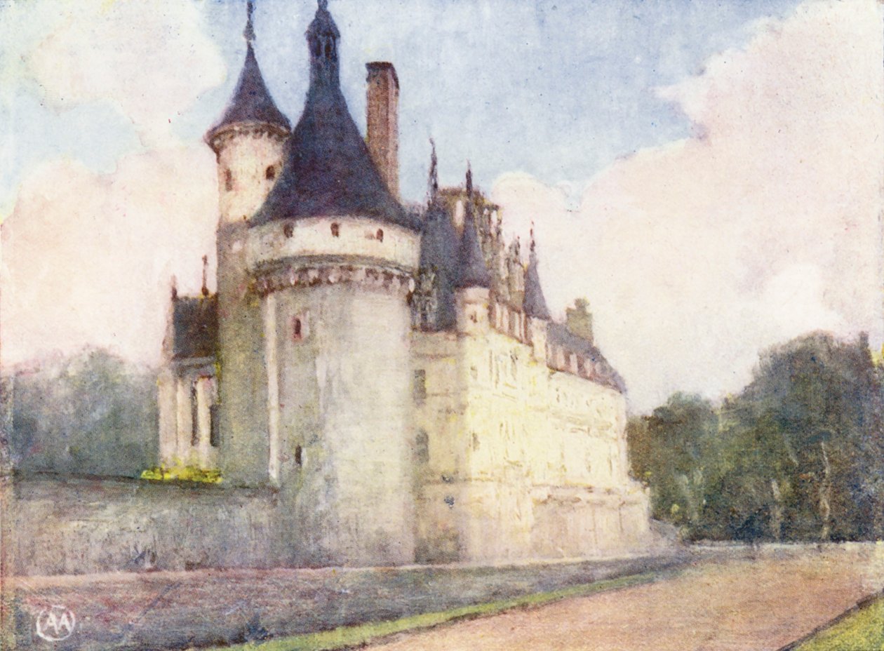 Chenonceaux fra haven (farvelitografi) af Amy B. Atkinson