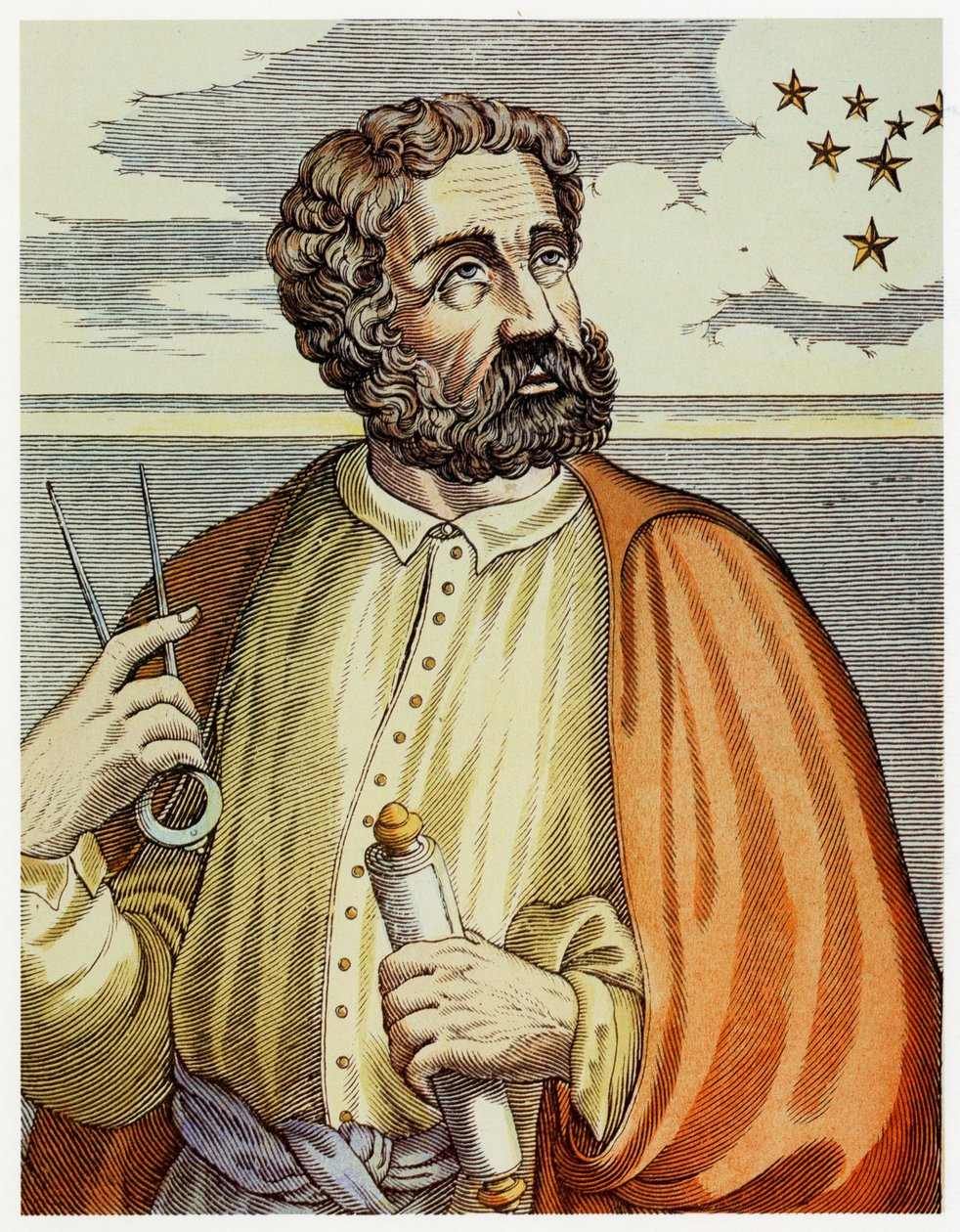 Portræt af Ferdinand Magellan (1480 - 1521) med navigationsinstrumenter. (farve litho.) af Andre Thevet