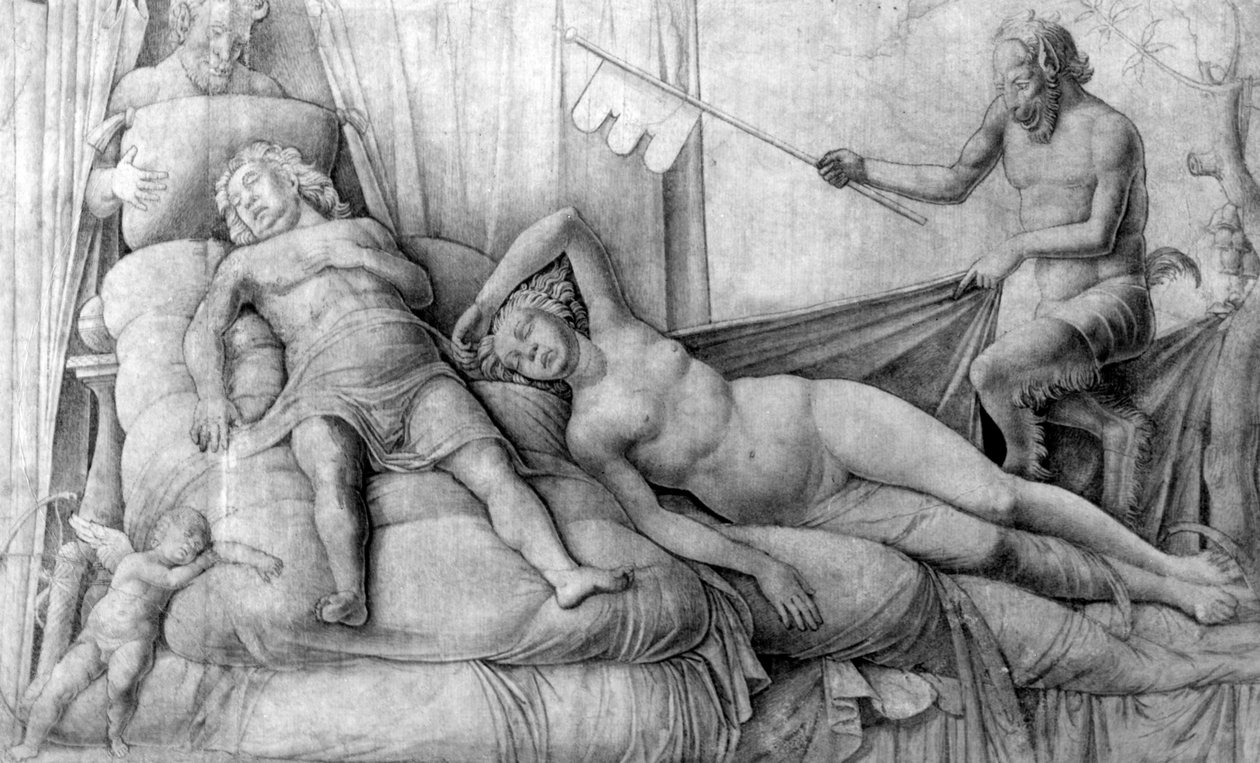 Nøgen kvinde sover med Amor og Satyrer af Andrea Mantegna