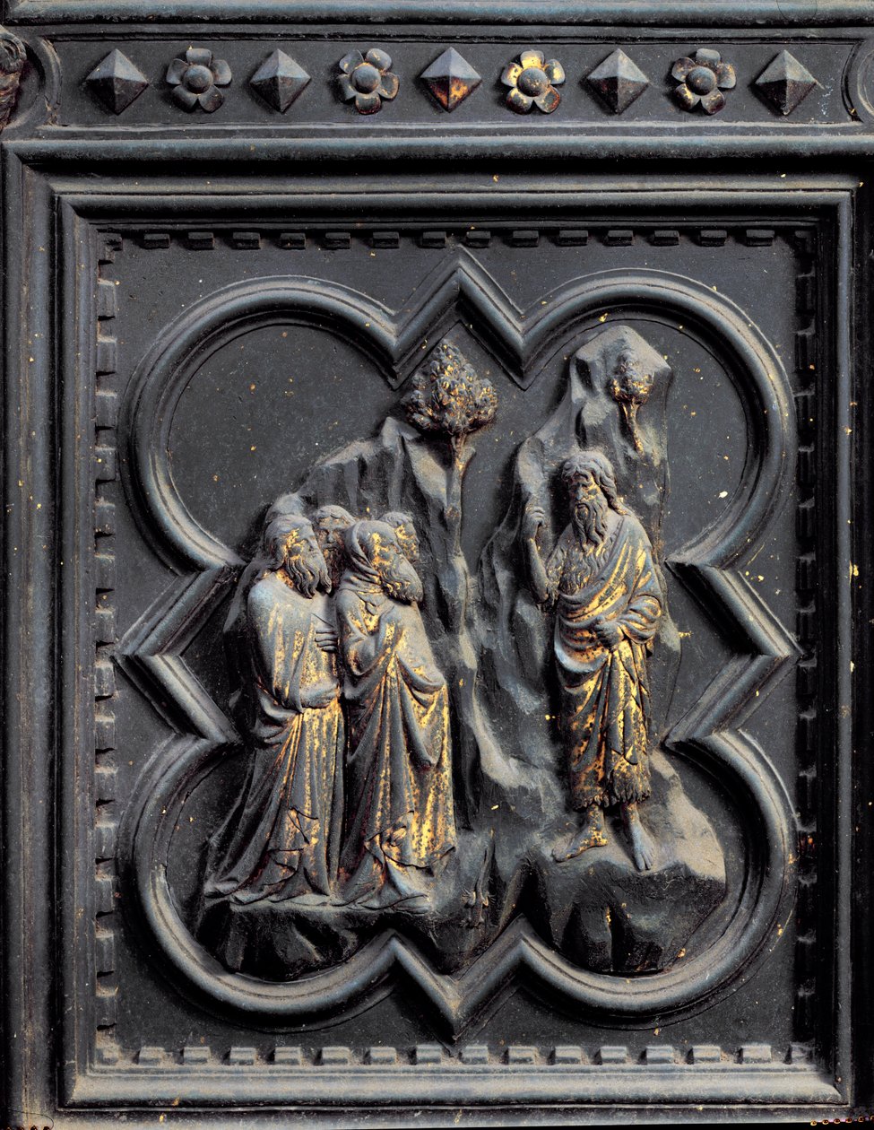 Johannes Døberen prædiker for farisæerne, syvende panel af syddørene til dåbskapellet San Giovanni, 1336 (bronze) af Andrea Pisano