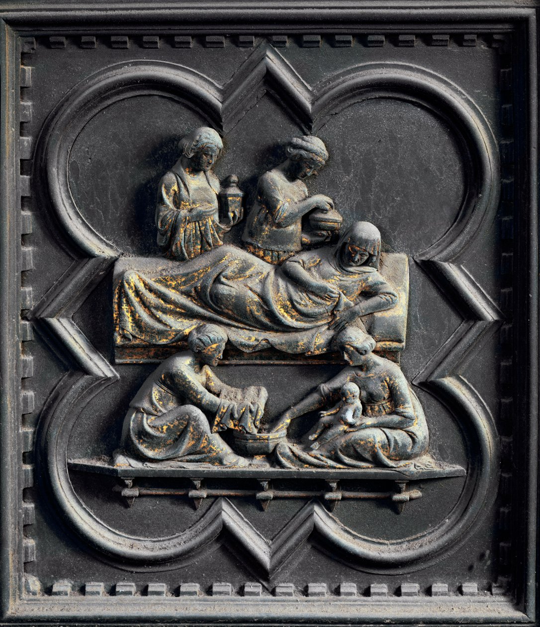 Johannes Døberens fødsel, fjerde panel af syddørene til dåbskapellet San Giovanni, 1336 (bronze) af Andrea Pisano