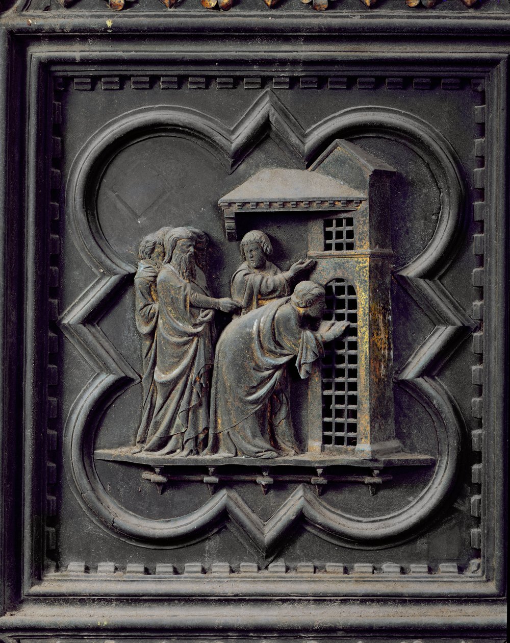 Disciplene besøger Johannes Døberen, trettende panel af syddørene til dåbskapellet San Giovanni, 1336 (bronze) af Andrea Pisano