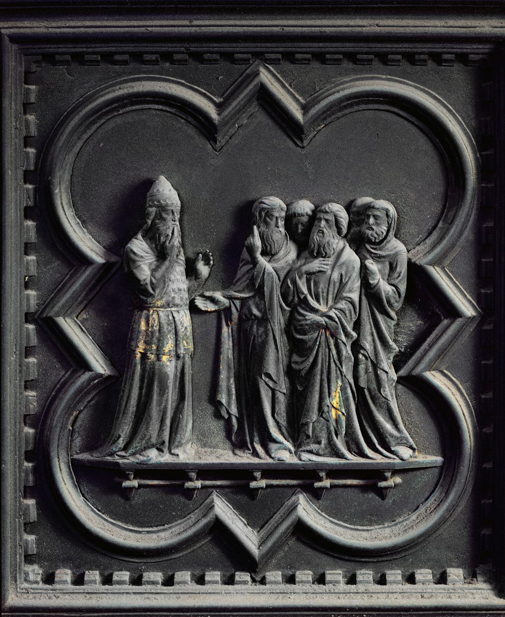 Zakarias er stum, andet panel i syddørene i San Giovanni-døbefonten, 1336 (bronze) af Andrea Pisano