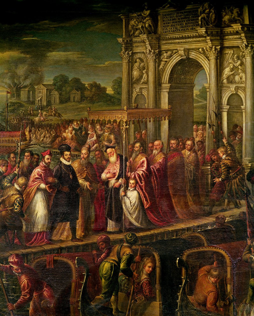 Kong Henri III (1551-89) af Frankrig på besøg i Venedig i 1574, eskorteret af dogen Alvise Mocenigo (1570-77) og mødt af patriarken Giovanni Trevisan, fra de fire dørers rum. af Andrea Vicentino