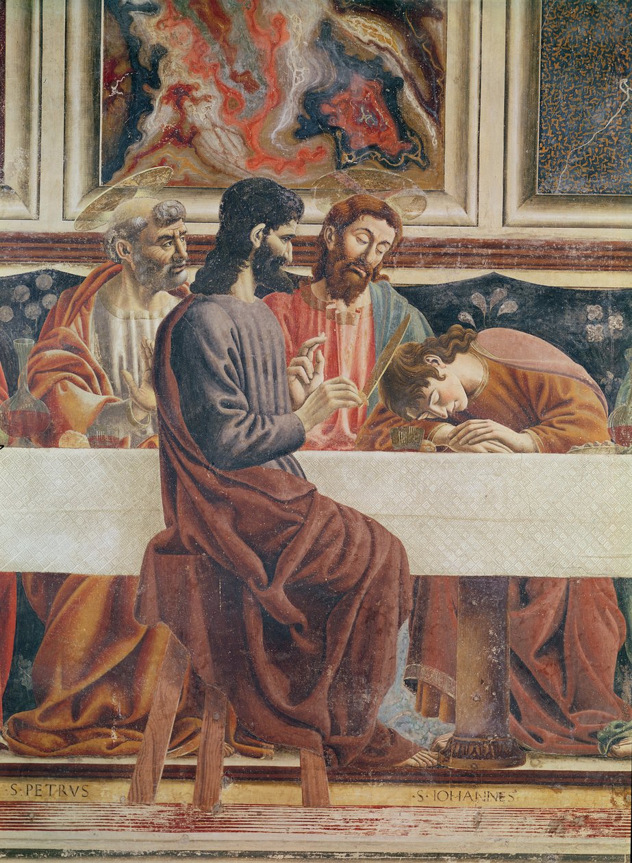 Den sidste nadver, detalje af Sankt Johannes, Sankt Peter, Jesus og Judas, 1477 (detalje af 85172) af Andrea del Castagno