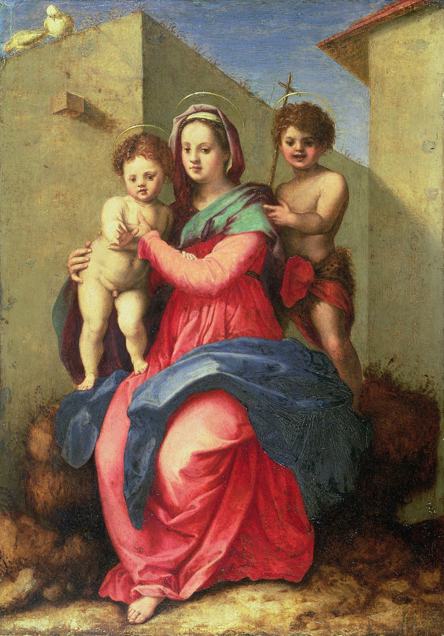 Madonnaen og barnet med spædbarnet St. John (panel) af Andrea del Sarto