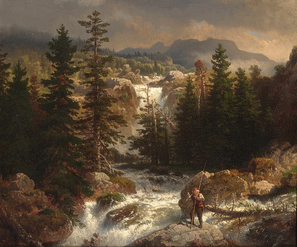 En fisker inspicerer sin fangst på en strøm af Andreas Achenbach