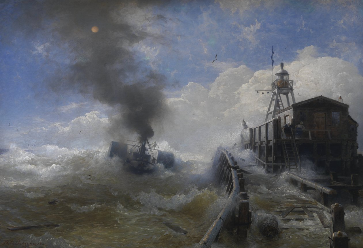 En slæbebåd forlader havnen i Oostende ved højvande af Andreas Achenbach